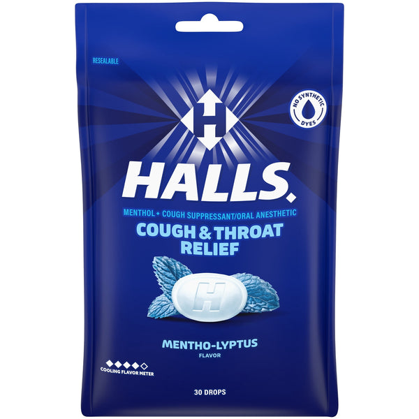 HALLS Cough & Throat Relief Mentho-Lyptus Cough Drops, No Synthetic Dyes, FSA/HSA Eligible, 30 Drops