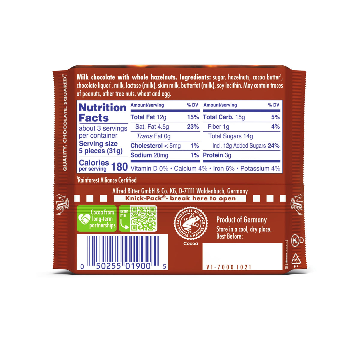 Ritter Sport Milk Chocolate Candy Bar with Crunchy Whole Hazelnuts – Authentic German Chocolate, Wrapped, 3.5 oz