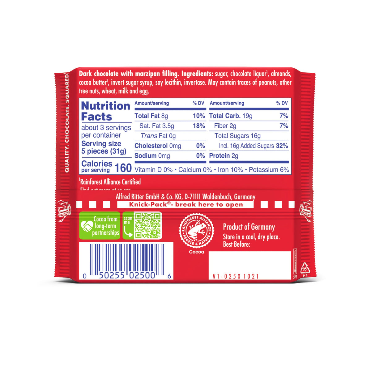 Ritter Sport Dark Chocolate Candy Bar with Smooth German Marzipan Filling, Wrapped, 3.5oz