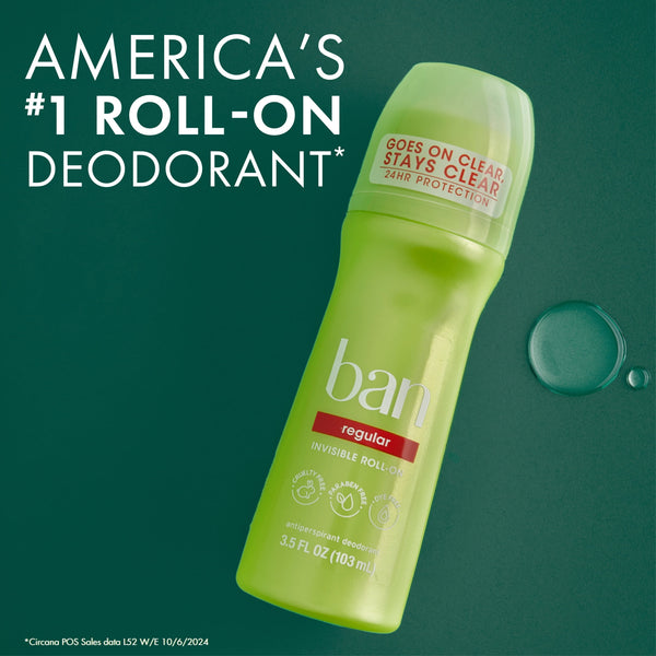Ban Invisible Roll-on Antiperspirant and Deodorant for Women and Men, Regular Scent, 3.5 fl oz