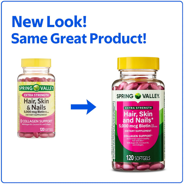 Spring Valley Extra Strength Hair Skin & Nails Collagen Support Softgels, 5000 Mcg Biotin, 120 Count