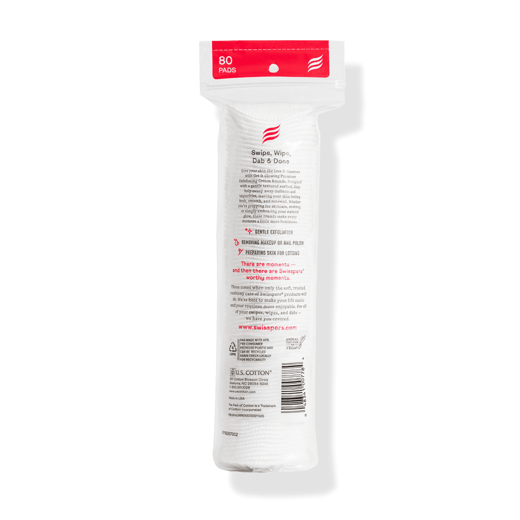 Swisspers Premium Exfoliating 100% Pure Chlorine Free Cotton Rounds, Dermatologist Tested, Soft, Absorbent, Dual-Sided, Gentle Natural Exfoliation