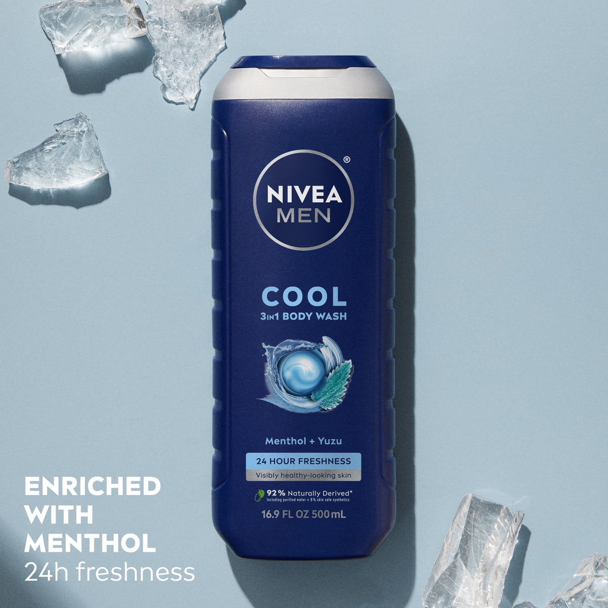 NIVEA MEN Cool 3-in-1 Body Wash for Men with Icy Menthol and Yuzu Scent, 16.9 fl oz