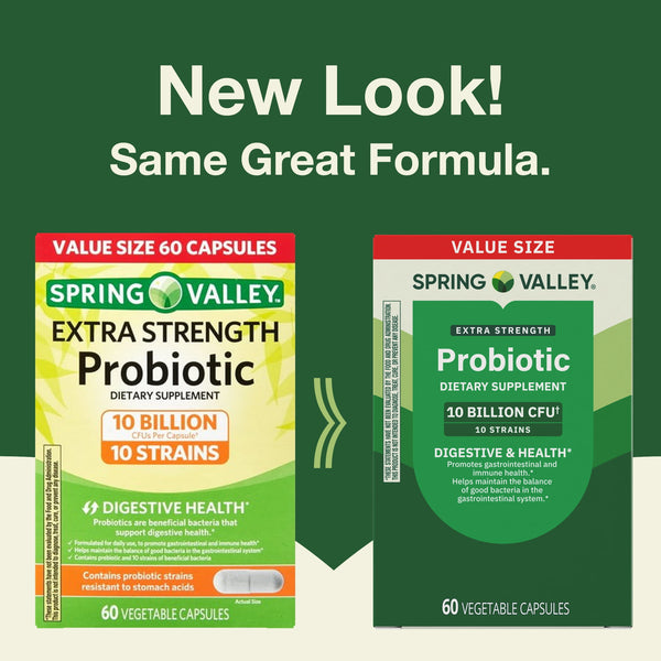 Spring Valley Extra Strength Probiotic Vegetable Capsules for Digestive Health, 10 Billion CFU, 60 Count