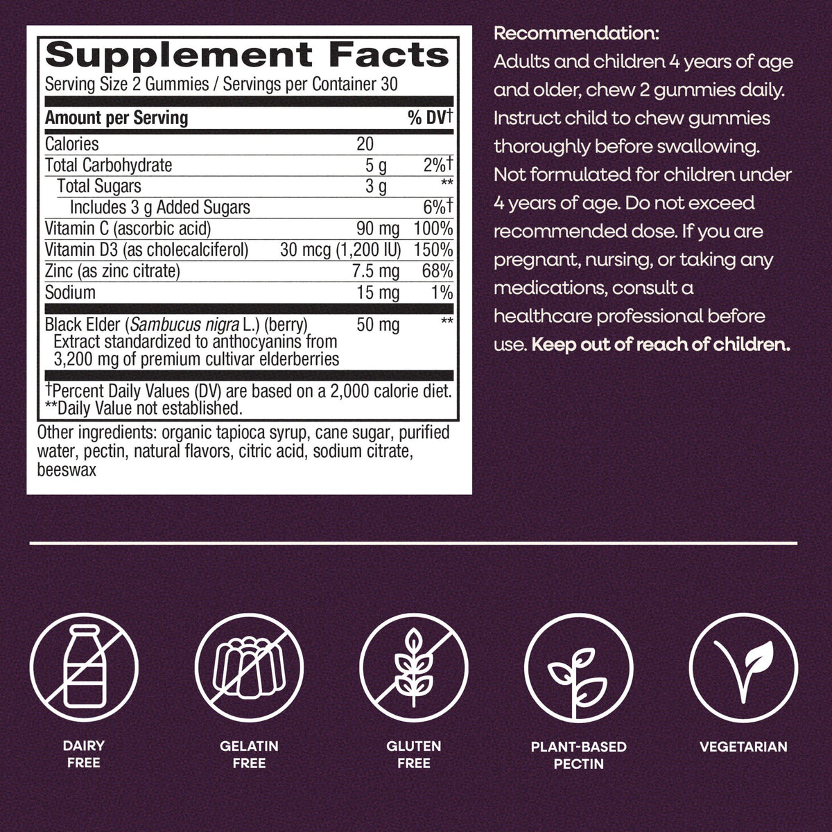 Nature's Way Sambucus Elderberry Immune Gummies, with Vitamins C, D3, & Zinc, Unisex, 60 Count
