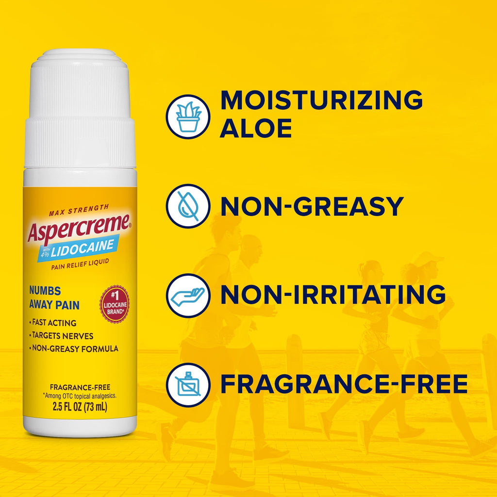 Aspercreme Max Strength Topical Numbing Pain Reliever Roll-on Liquid, 4% Lidocaine, Odor Free, 2.5 fl oz
