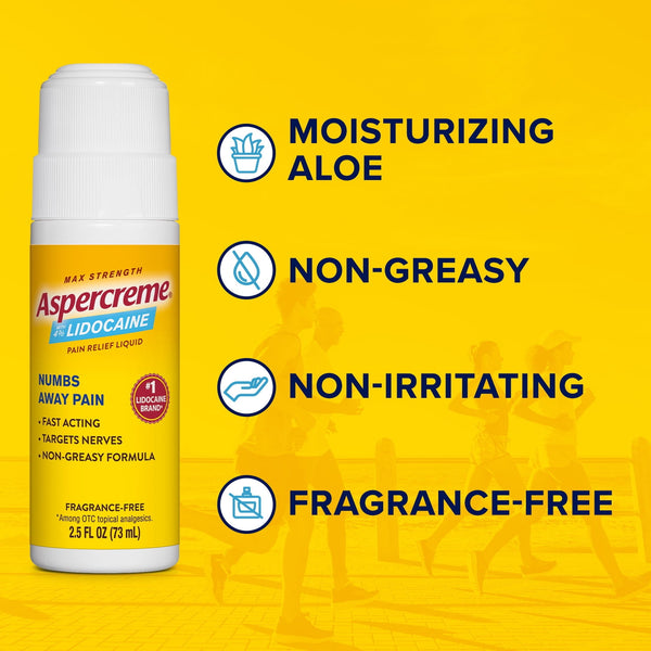 Aspercreme Max Strength Topical Numbing Pain Reliever Roll-on Liquid, 4% Lidocaine, Odor Free, 2.5 fl oz