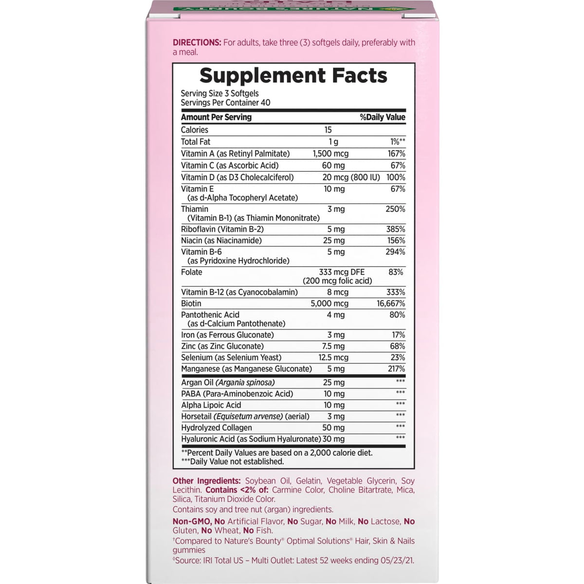 Nature's Bounty Optimal Solutions Advanced Hair, Skin and Nail Biotin & Vitamins A, C, & E, Women's Multivitamin, Softgels, 120 Ct