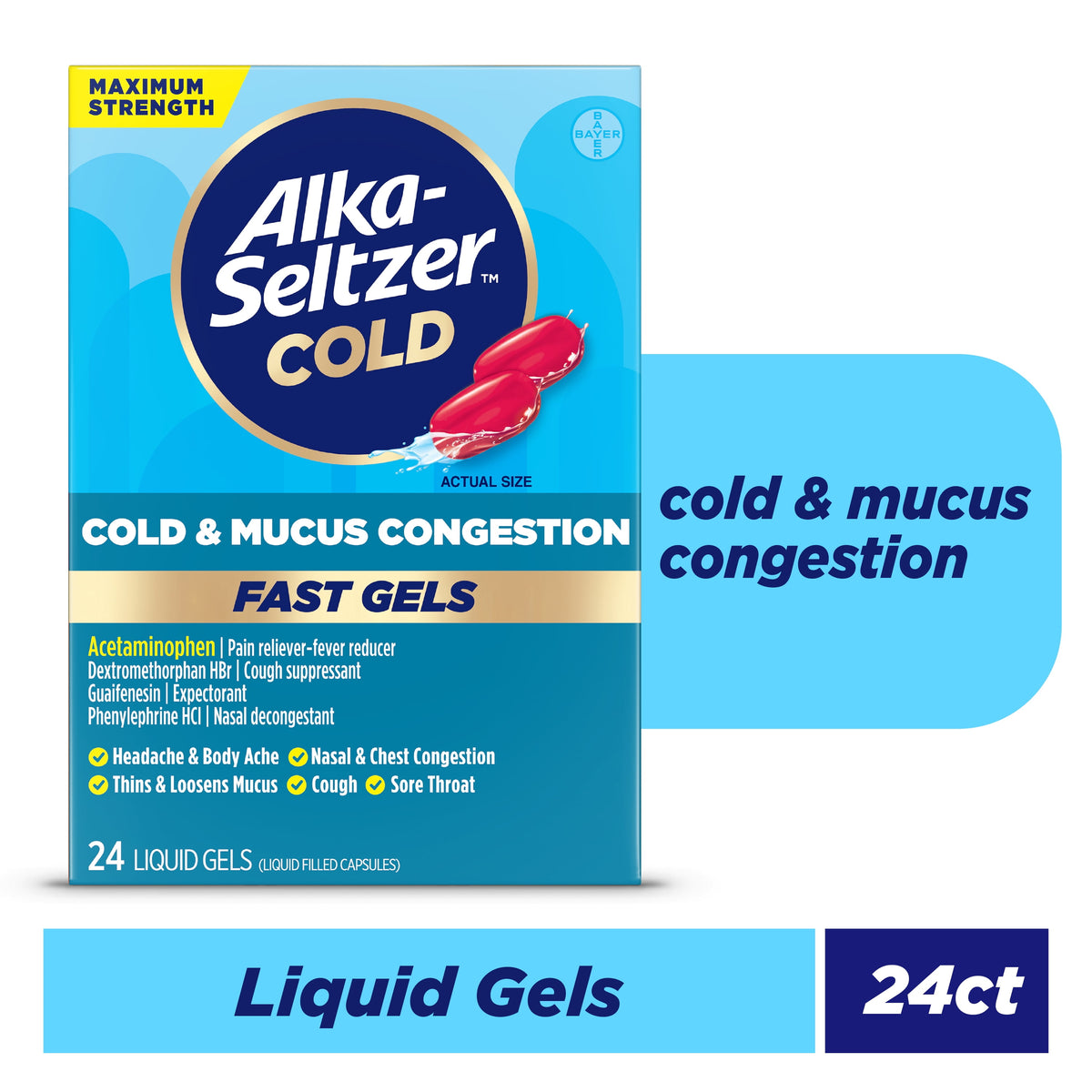 Alka-Seltzer Cold, Cold & Mucus Congestion Max Strength Fast Gels, 24  Count