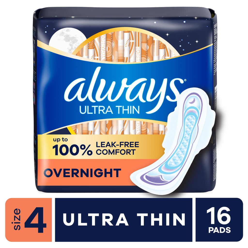 Always Ultra Thin Overnight Pads with Wings, Size 4, Overnight, 16 Count