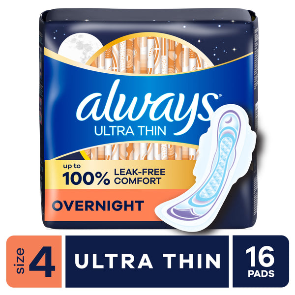 Always Ultra Thin Overnight Pads with Wings, Size 4, Overnight, 16 Count