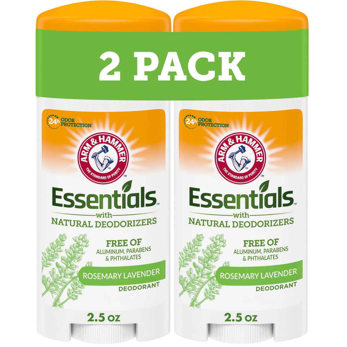 ARM & HAMMER Essentials Deodorant, Fresh Rosemary Lavender, with Natural Deodorizers, 2.5 oz, 2 Ct