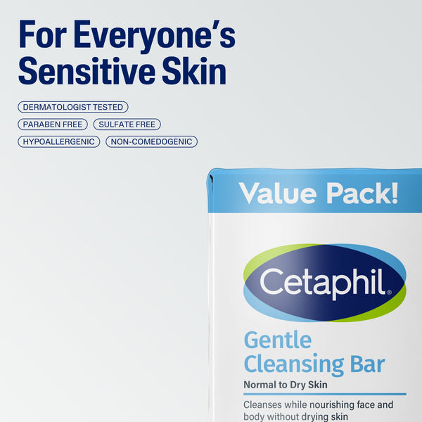 Cetaphil Gentle Face Cleanser and Body Wash Bar for Dry to Normal, Sensitive Skin Value Pack, 4.5 oz (Pack of 3)