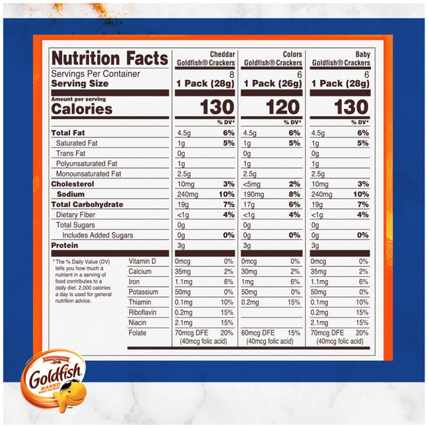 Goldfish Family Faves Crackers, Cheddar, Colors and Baby Crackers Snack Pack, 0.9 oz, 20-Count Variety Pack Box