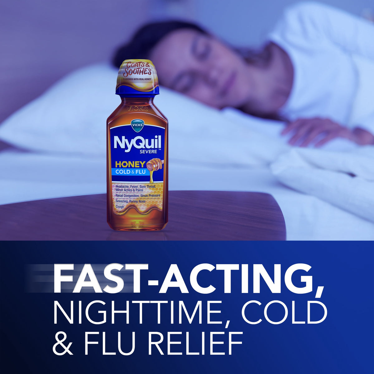 Vicks NyQuil SEVERE Honey Cold & Flu, Liquid Medicine, 12 fl oz