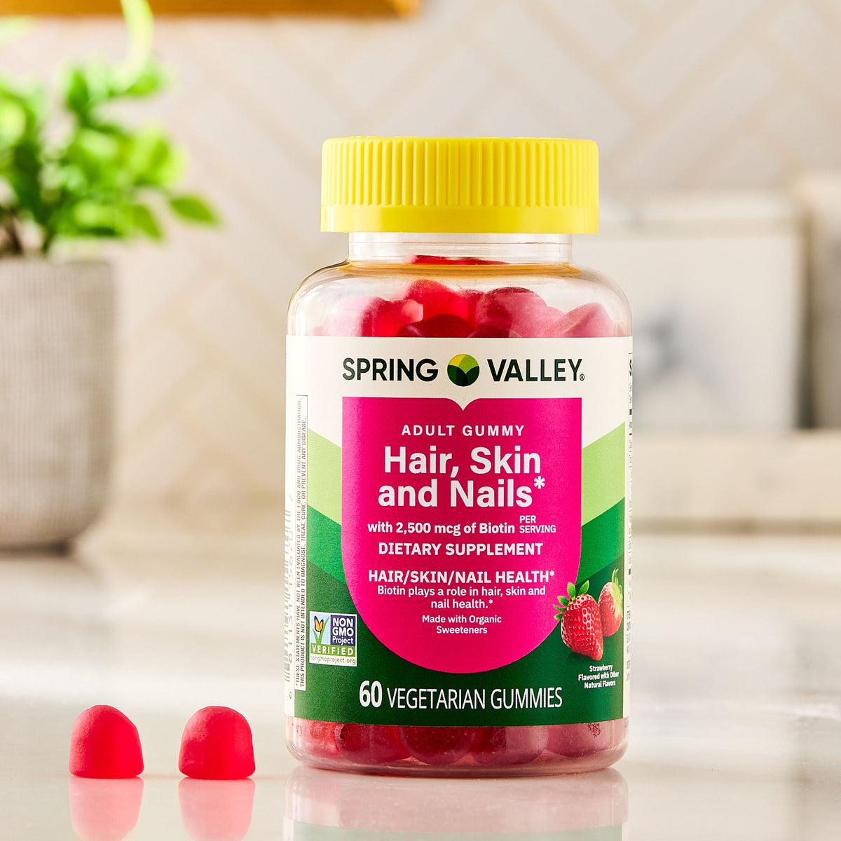 Spring Valley Organic Biotin Vegetarian Gummies, Strawberry Flavor, 2500mcg, 60 Count