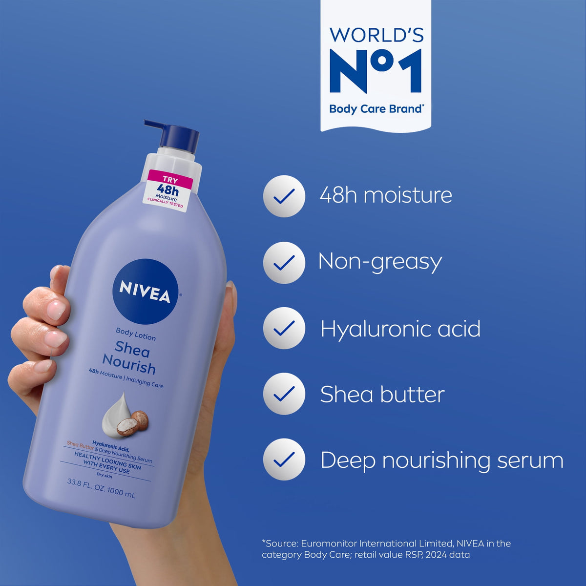 NIVEA Shea Nourish Body Lotion for Dry Skin with Hyaluronic Acid and Shea Butter, Value Size 33.8 fl oz