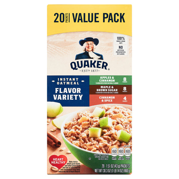 Quaker Instant Oatmeal, Flavor Variety Value Pack, 20 Packets (8 Apples & Cinnamon, 8 Maple & Brown Sugar, 4 Cinnamon Spice)