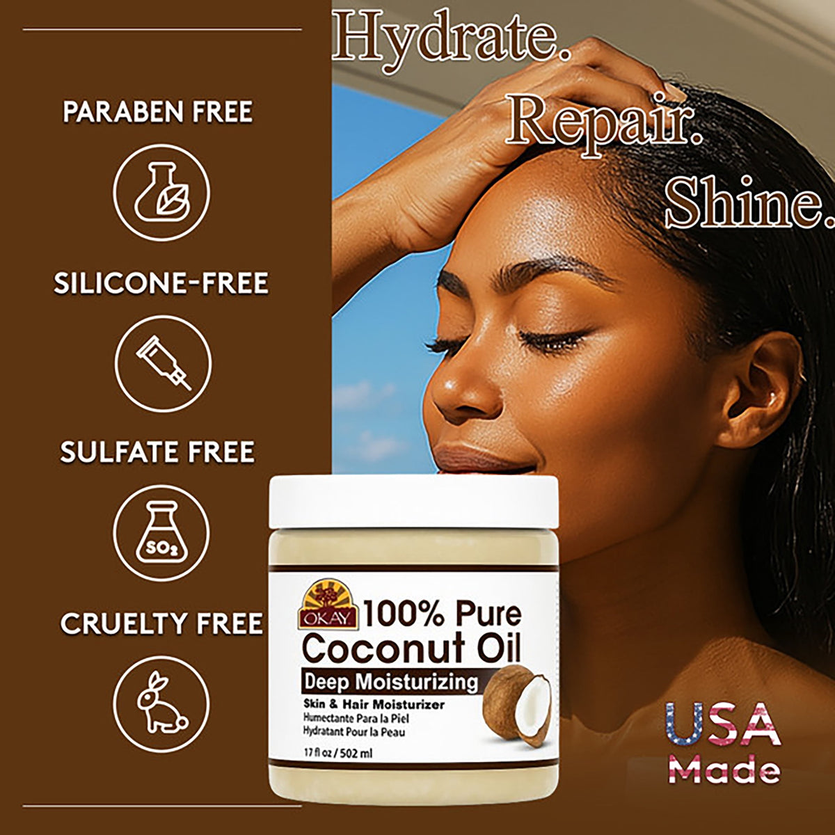 Okay Pure Naturals Pure Coconut Oil for Hair and Skin, Nourishing Hair Conditioner & Skin Moisturizer, 17 fl oz