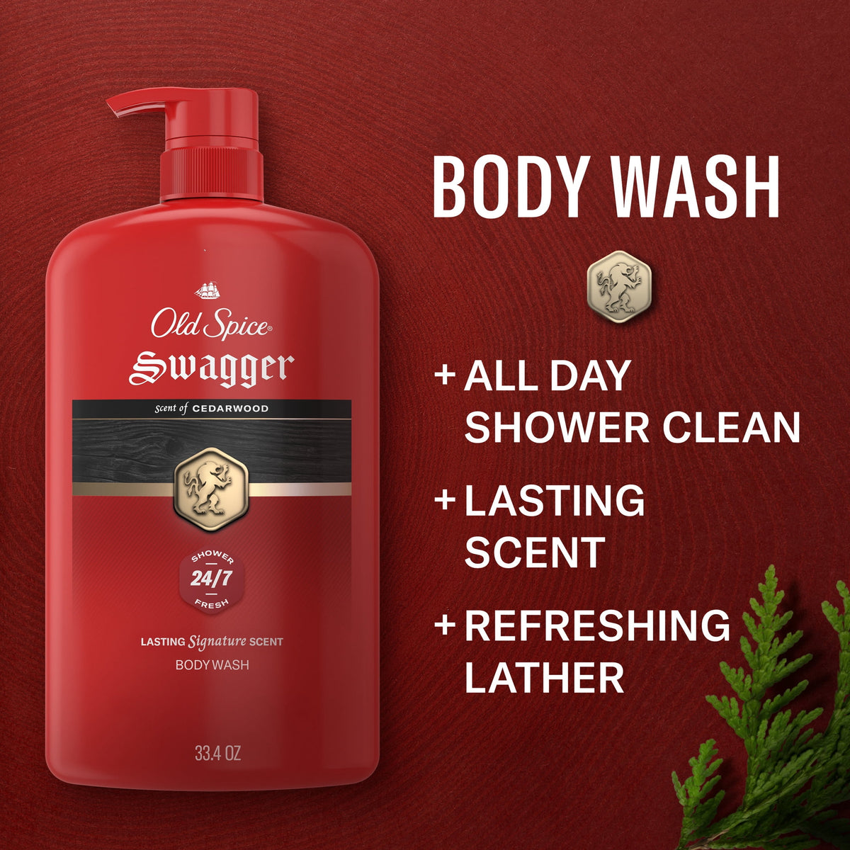 Old Spice Body Wash for Men, 24/7 Shower Fresh, Swagger Cedarwood, 33.4 fl oz