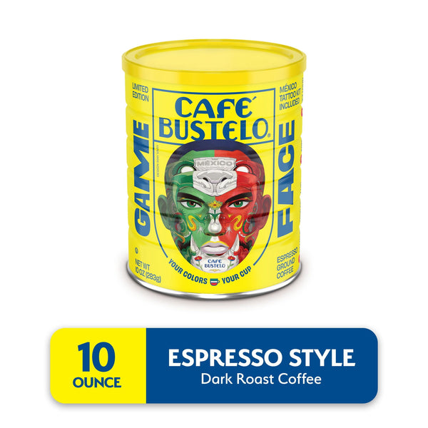Cafe Bustelo Espresso Style Dark Roast Ground Coffee, Limited Edition Game Face Design, Tattoo Kit Included, 10 oz Can