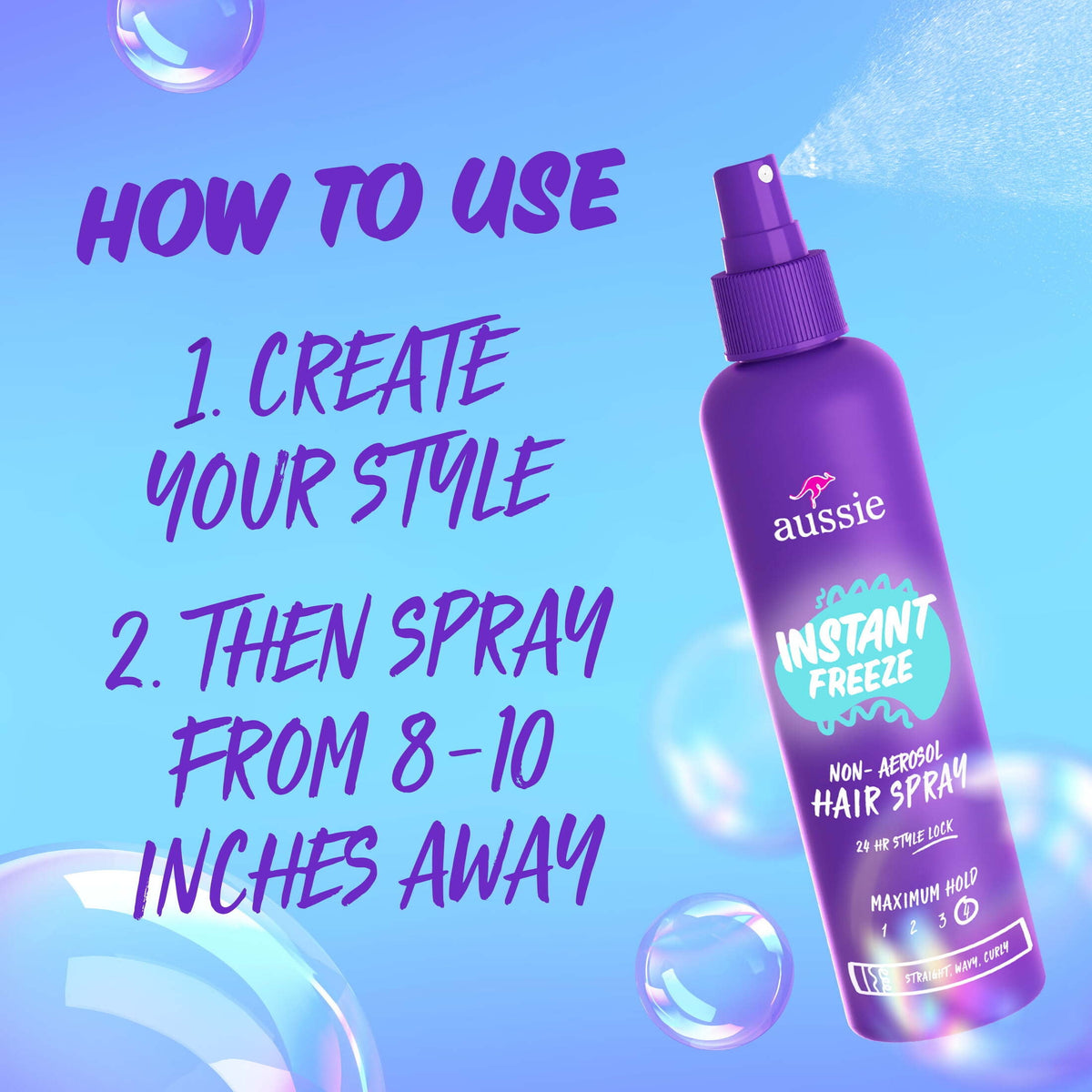 Aussie Instant Freeze Non-Aerosol Hair Spray for All Hair Types, Wavy Hair, and Straight Hair, 8.5 fl oz