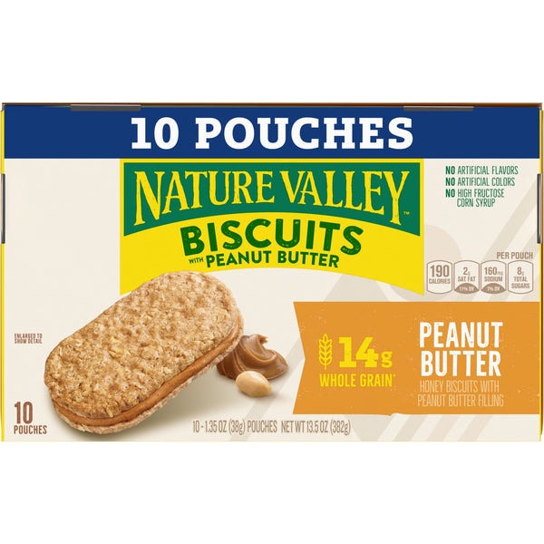 Nature Valley Biscuit Sandwiches, Peanut Butter, Snack Bars, 10 Bars, 13.5 oz