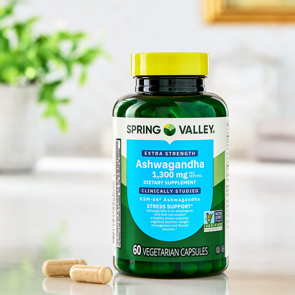 Spring Valley Extra Strength Ashwagandha Dietary Supplement, 1300 mg, 60 Vegetarian Capsules