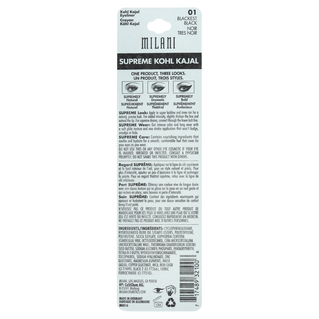 Milani Supreme Kohl Kajal Eyeliner Pencil, Blackest Black 01, 0.01 oz