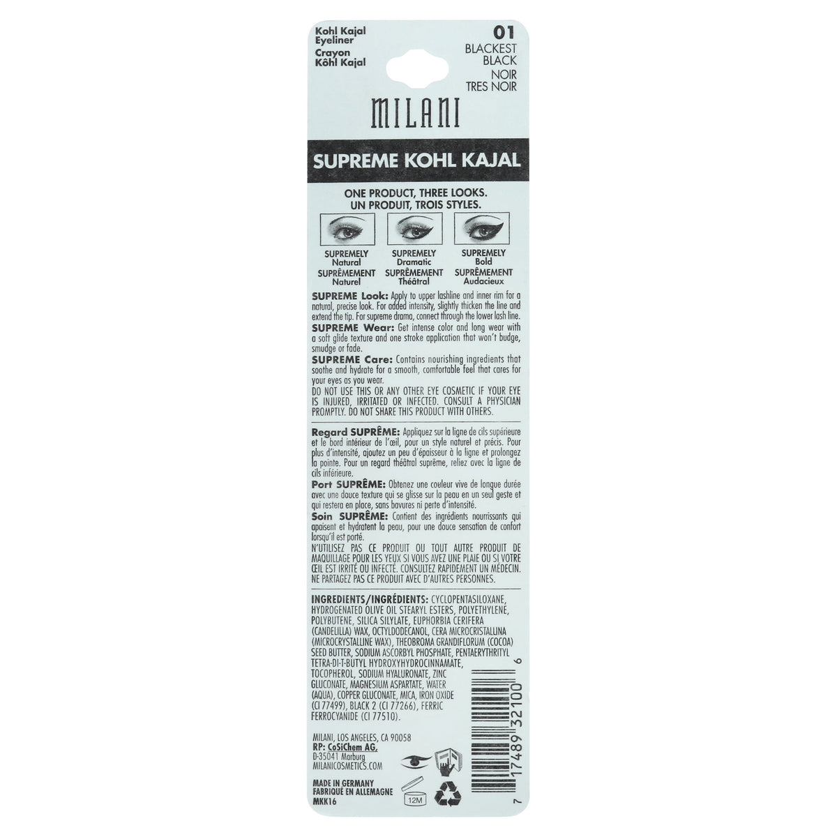 Milani Supreme Kohl Kajal Eyeliner Pencil, Blackest Black 01, 0.01 oz