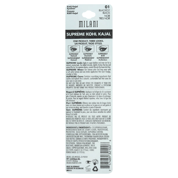 Milani Supreme Kohl Kajal Eyeliner Pencil, Blackest Black 01, 0.01 oz
