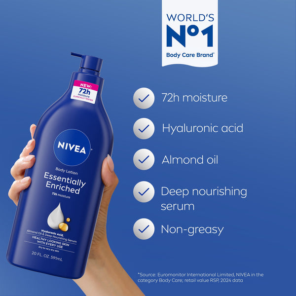 NIVEA Essentially Enriched Body Lotion for Dry Skin with Hyaluronic Acid and Almond Oil, 20 fl oz