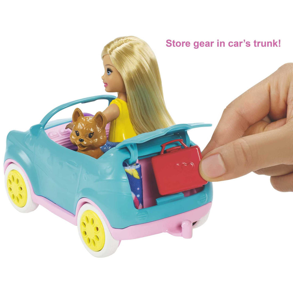 Barbie Club Chelsea Pink Camper Playset, Blonde Small Doll, Pet, Car & 10+ Accessories, Toy for 3 Years and Up
