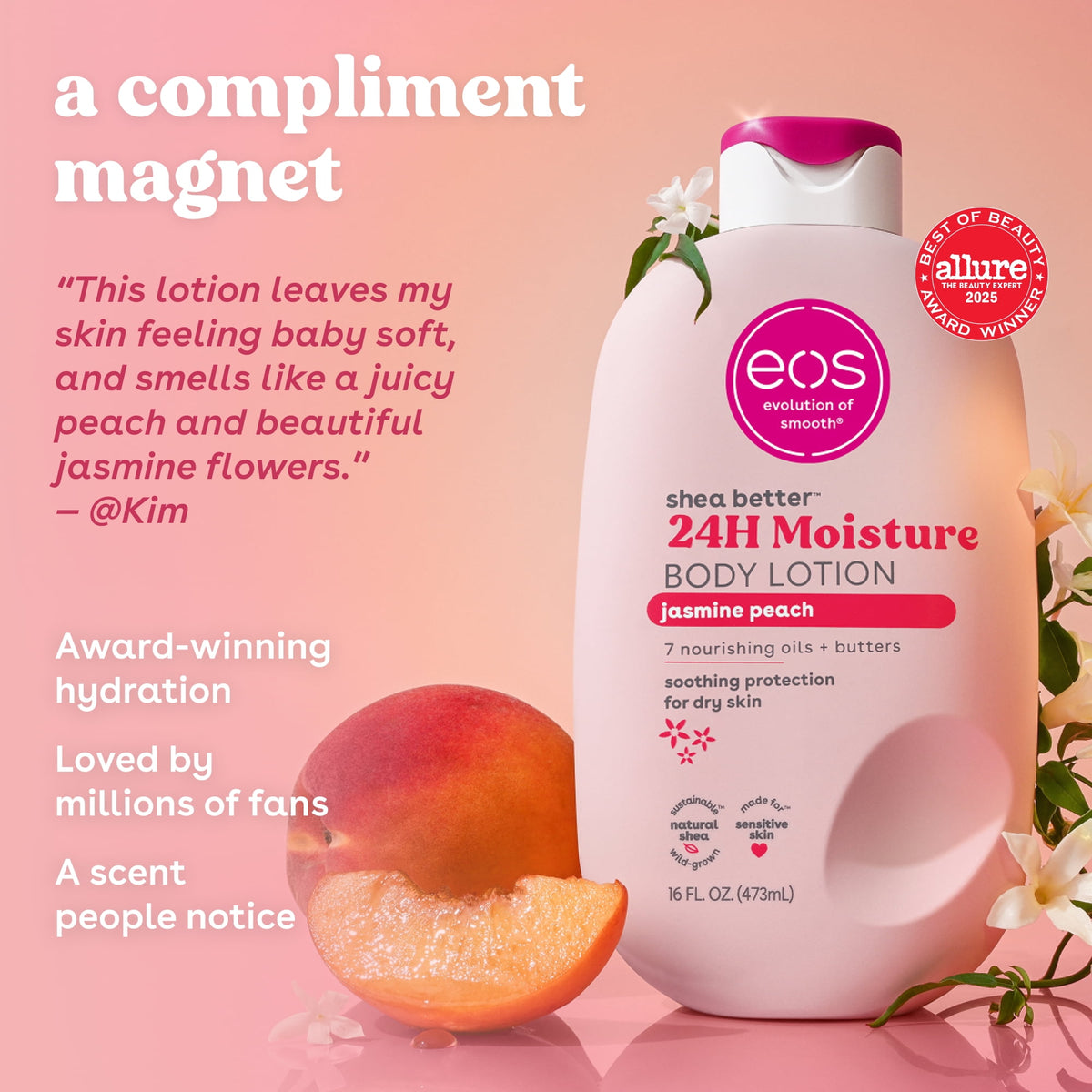eos Jasmine Peach Body Lotion, 24 Hour Moisturizing Daily Body Moisturizer for Dry Skin with Shea Butter & Vitamin E, 16 fl oz