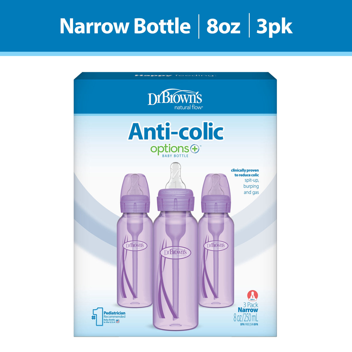 Dr. Brown's Natural Flow Anti-Colic Options+ Narrow Baby Bottle, Purple, 8oz, Slow Flow, 0m+, 3 Pack