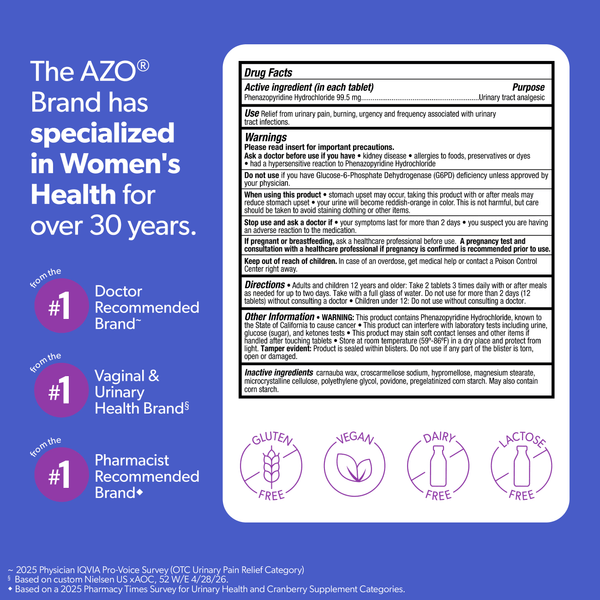 AZO Urinary Pain Relief Maximum Strength Tablets, Promotes Fast Relief for UTI Pain & Burning, FSA/HSA Eligible, 24 Count