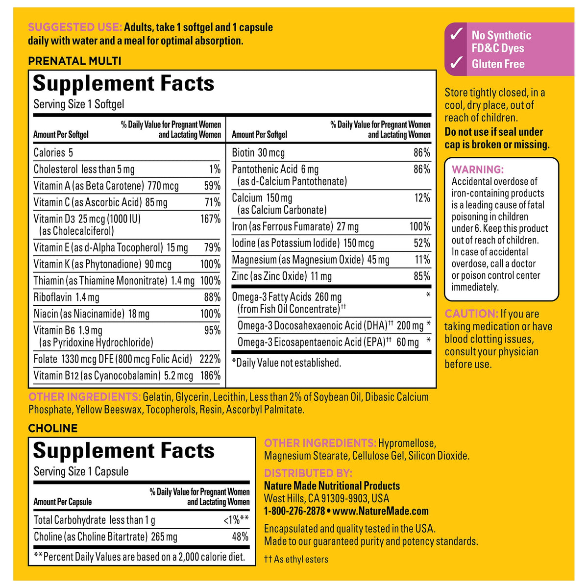 Nature Made Prenatal Vitamins Softgels + Choline Supplement Capsules, 70 + 70 Count