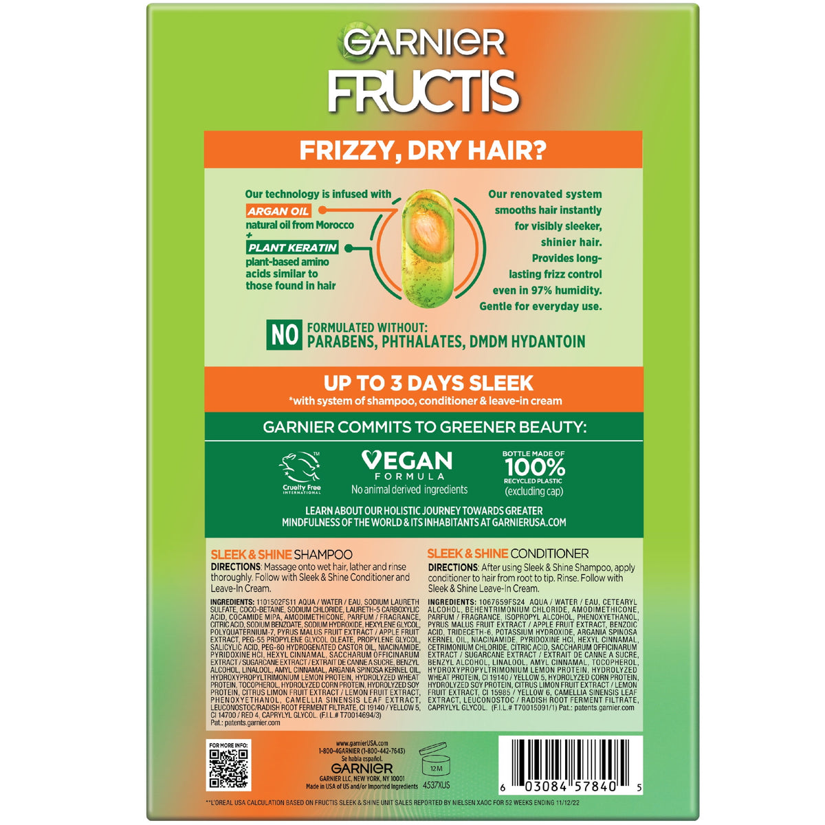 Garnier Fructis Sleek & Shine Shampoo and Conditioner for Frizzy Dry Hair, 1 kit