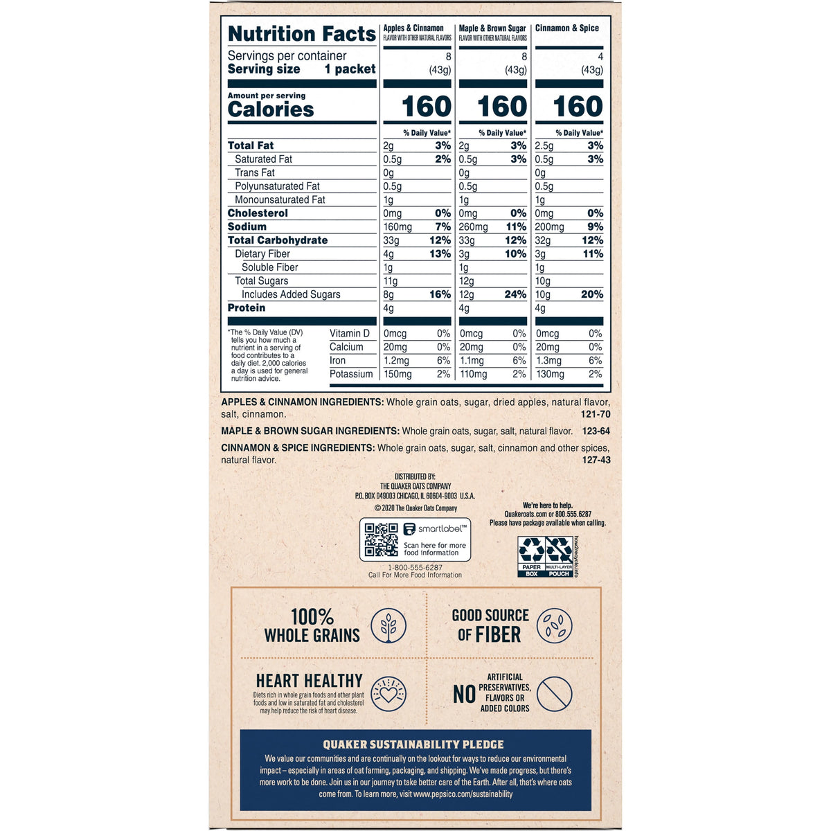 Quaker Instant Oatmeal, Flavor Variety Value Pack, 20 Packets (8 Apples & Cinnamon, 8 Maple & Brown Sugar, 4 Cinnamon Spice)