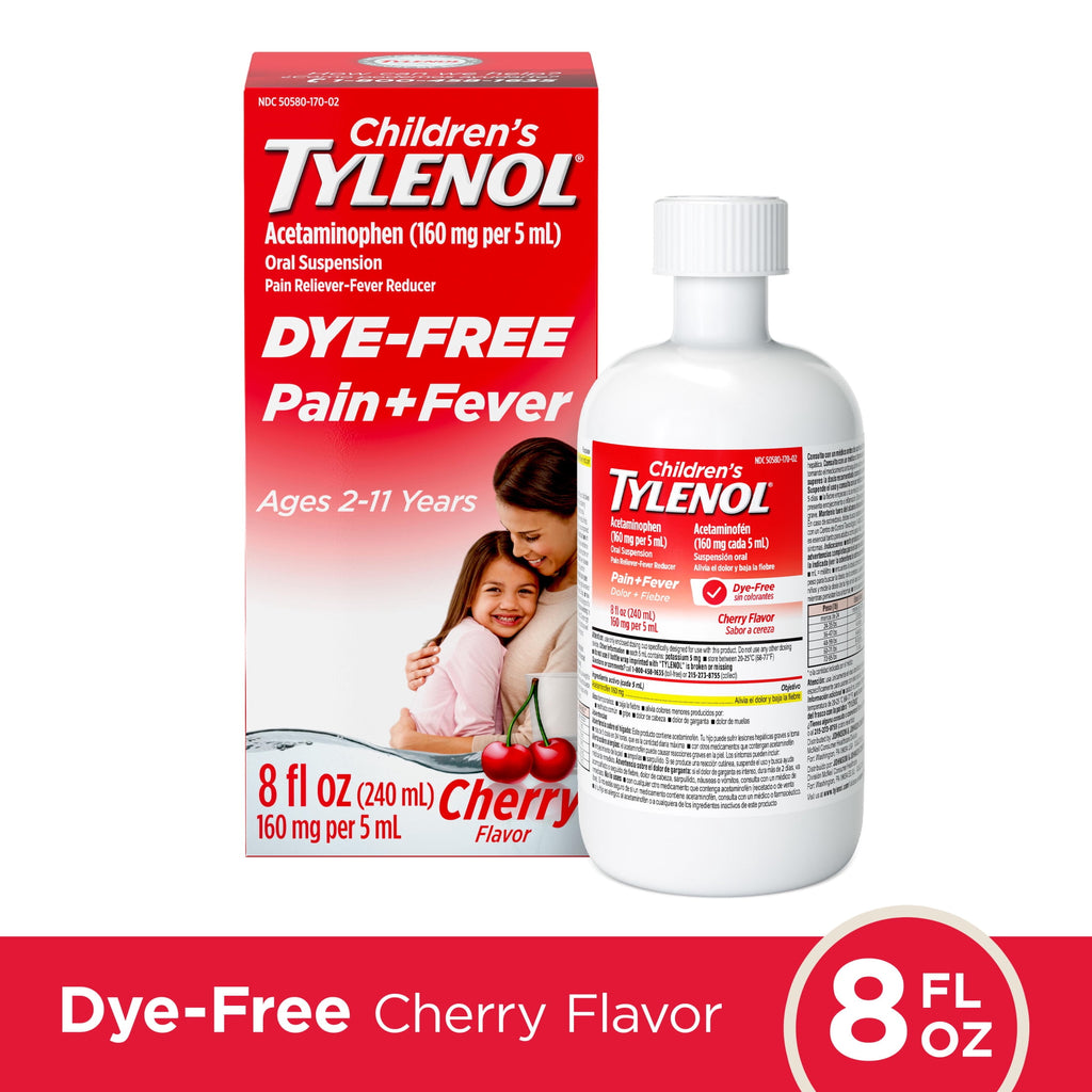 Children’s Tylenol Dye-Free, Oral Suspension, Pain Relief and Fever Reducer, Cherry Flavor 8 Fl oz