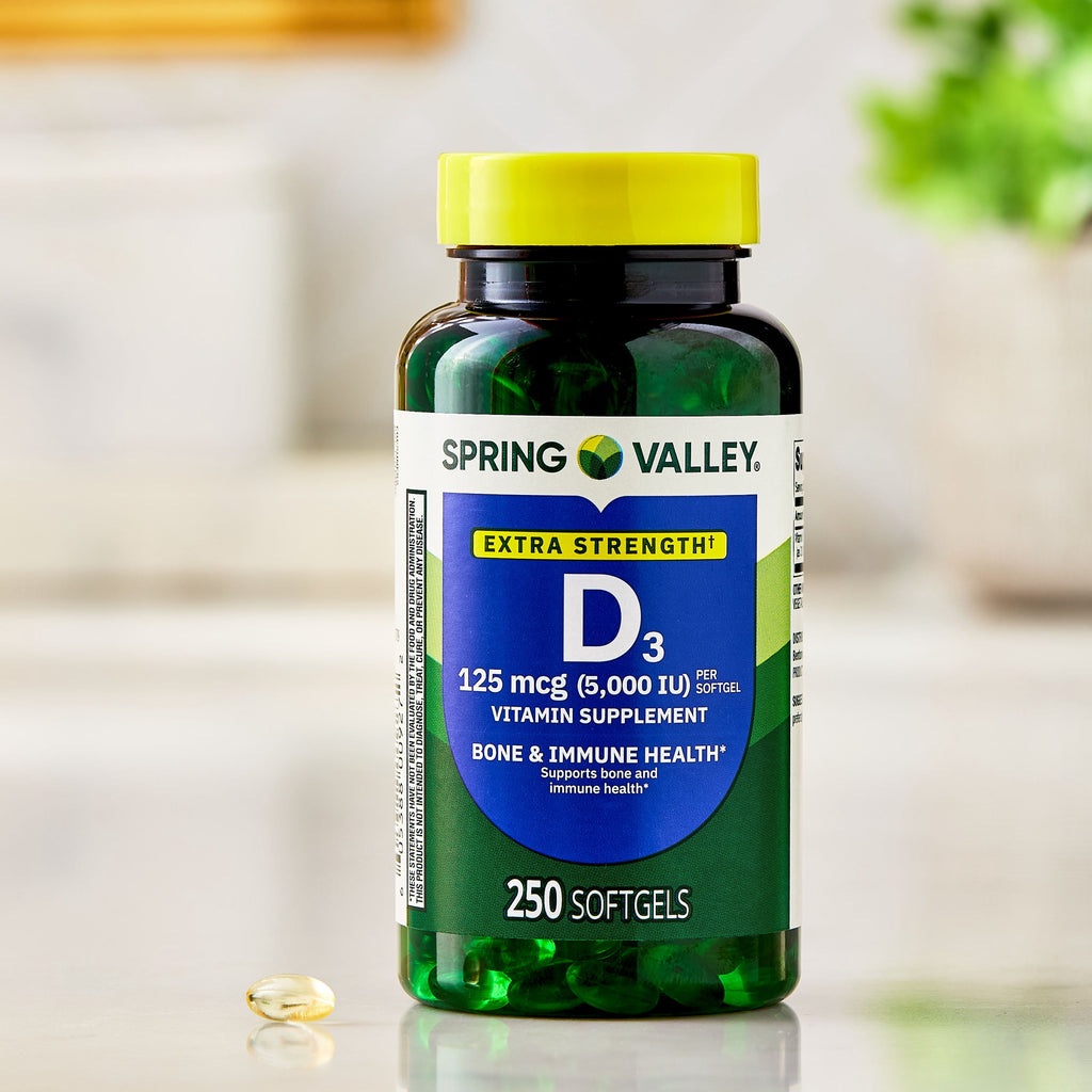 Spring Valley Extra Strength Vitamin D3 Softgels, 125 mcg (5000 IU), 250 Count, Supplement for Bone and Immune Health