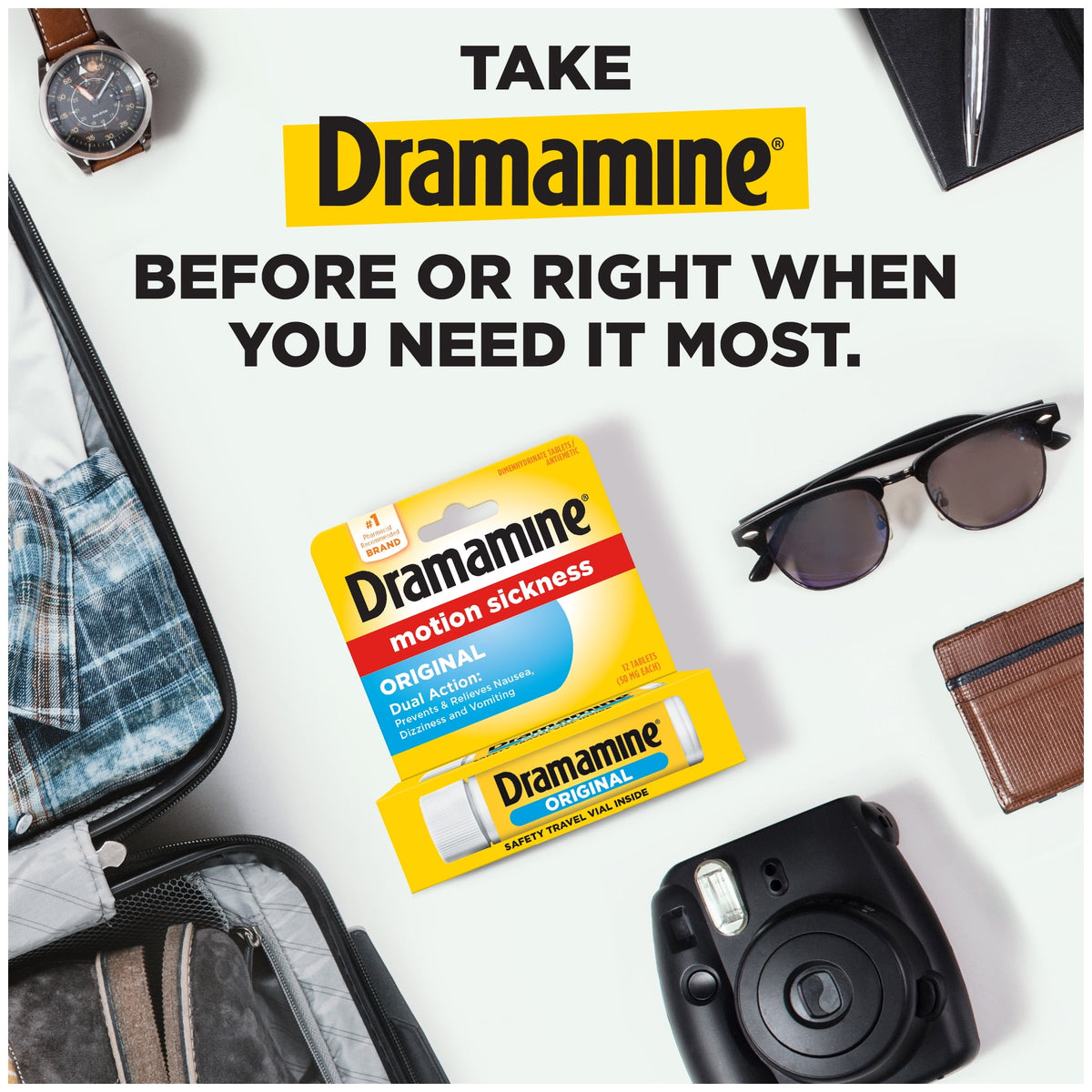 Dramamine Original, Motion Sickness Relief, Sensitive Stomach Travel Vial, 12 Count