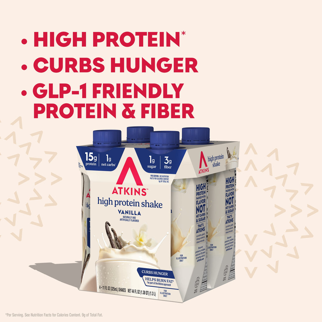 Atkins Protein Shake, Creamy Vanilla, Keto Friendly, Gluten Free, 4 Ct (Ready to Drink)