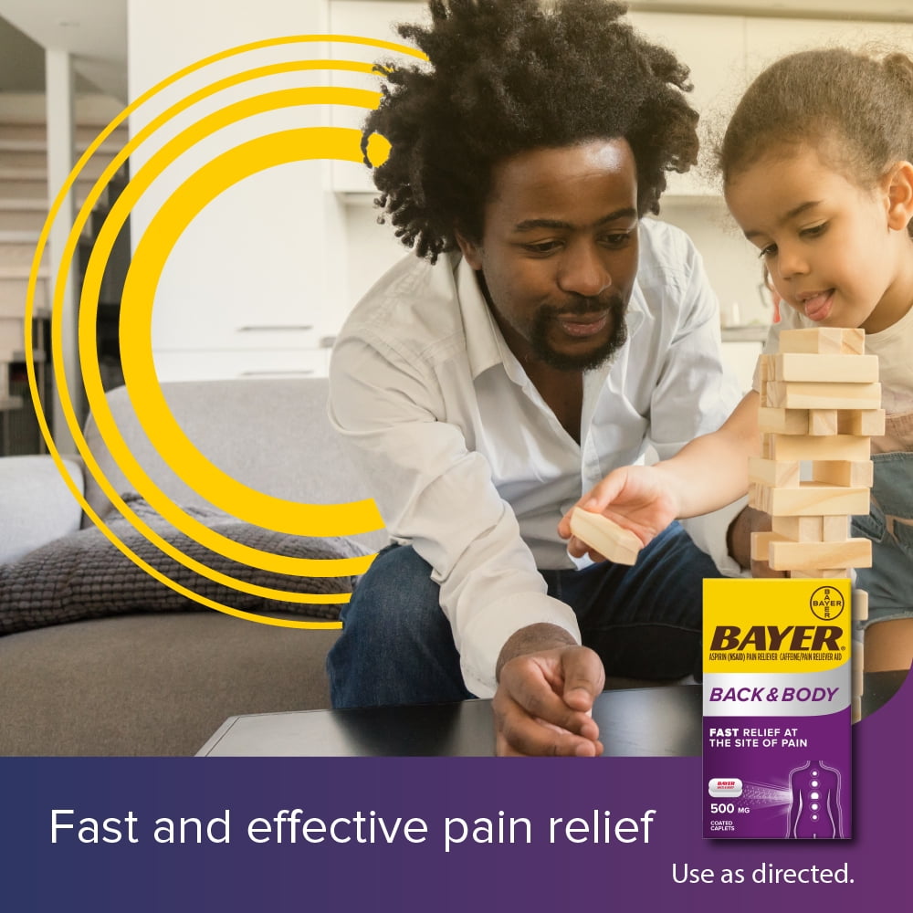 Bayer Back and Body Extra Strength Aspirin 500mg, Aspirin Plus 32.5 mg Caffeine Pain Reliever, Powerful Back and Body Pain Relief, 100 Coated Caplets