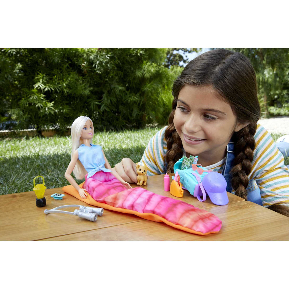 Barbie Malibu Doll & 10+ Accessories, Camping-Theme Set with Puppy, Sleeping Bag & More