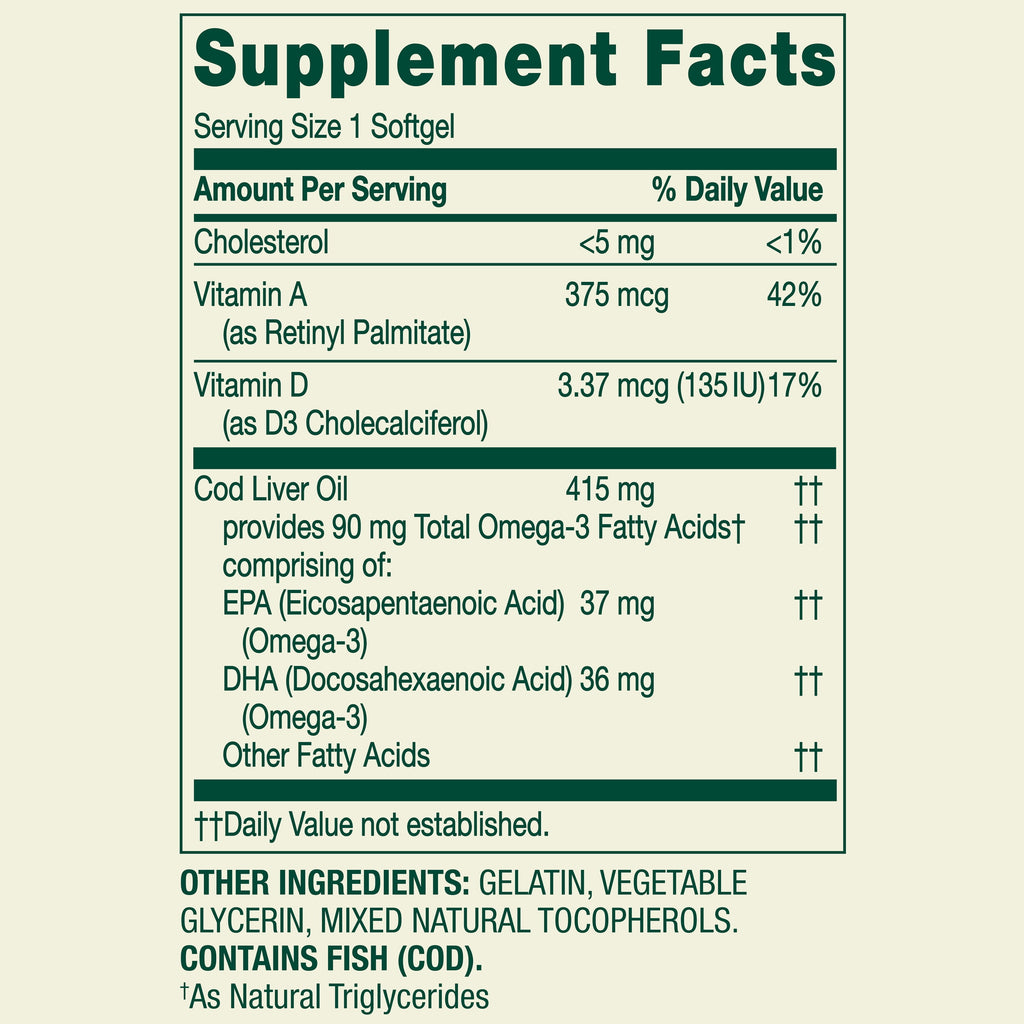 Spring Valley Cod Liver Oil Plus Vitamins A & D3 Dietary Supplement, 100 Count