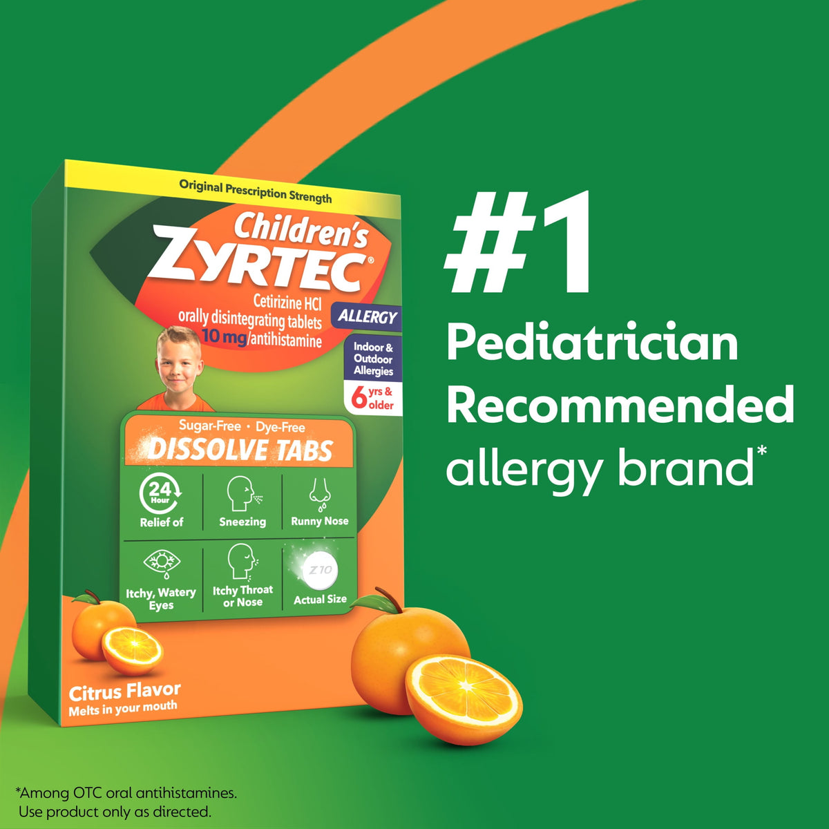 Children's Zyrtec 24 Hr Allergy Relief Dissolve Tablets, Citrus, 24 Count