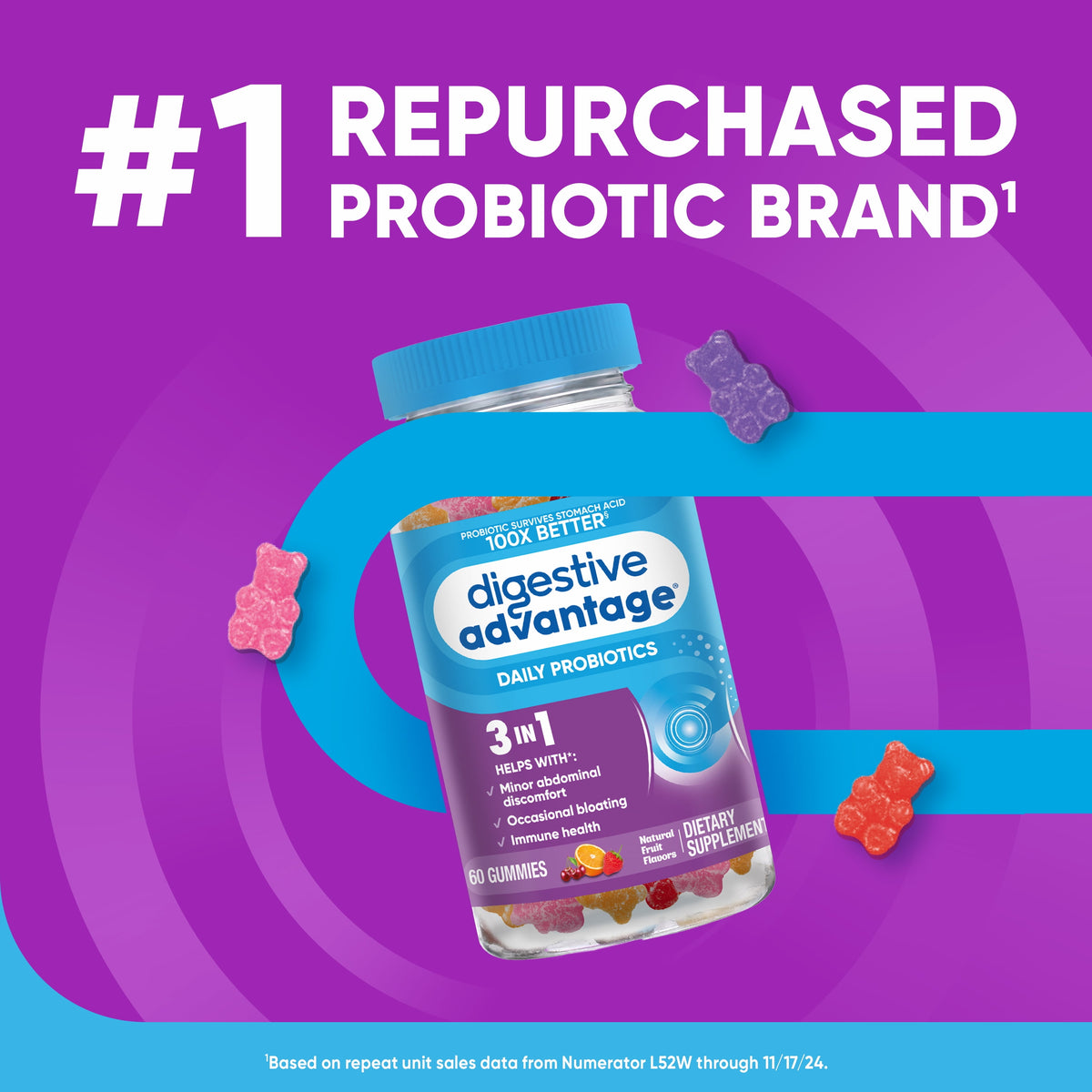 Digestive Advantage Daily Probiotic Gummies, Natural Fruit Flavors, Helps Protein Absorption, Supports Immune Health, Gut Health, 60 Gummies