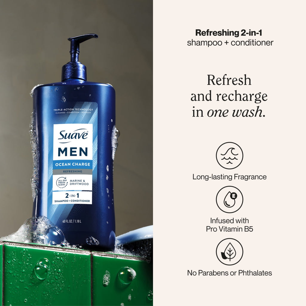 Suave Men Ocean Charge 2-in-1 Refreshing Shampoo & Conditioner with Pro Vitamin B5, 40 FL OZ Pump