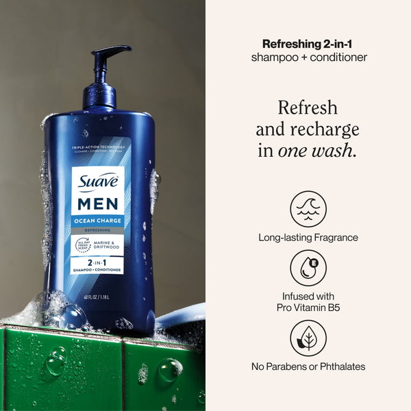 Suave Men Ocean Charge 2-in-1 Refreshing Shampoo & Conditioner with Pro Vitamin B5, 40 FL OZ Pump